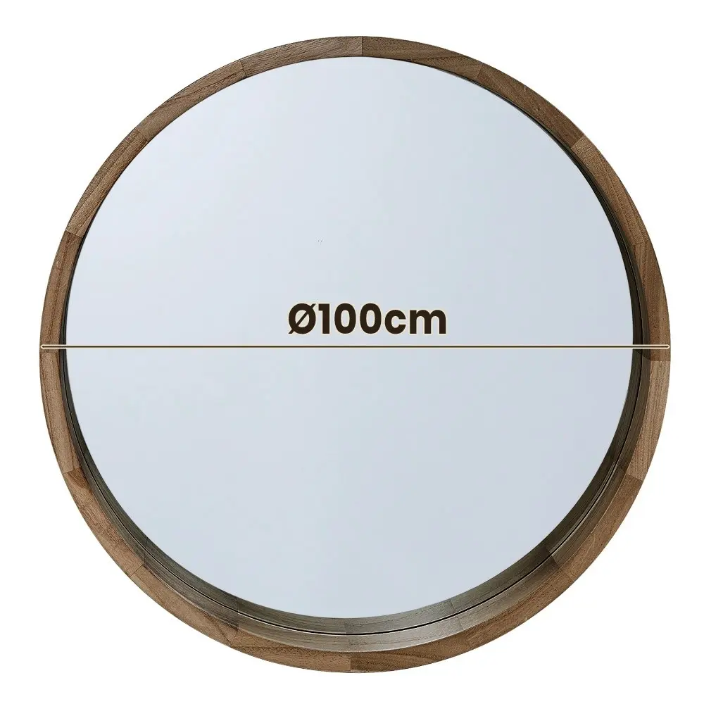 Furb Wooden Wall Mirrors Flat Round Makeup Mirror Bathroom Home Decor 100CM Walnut Wood