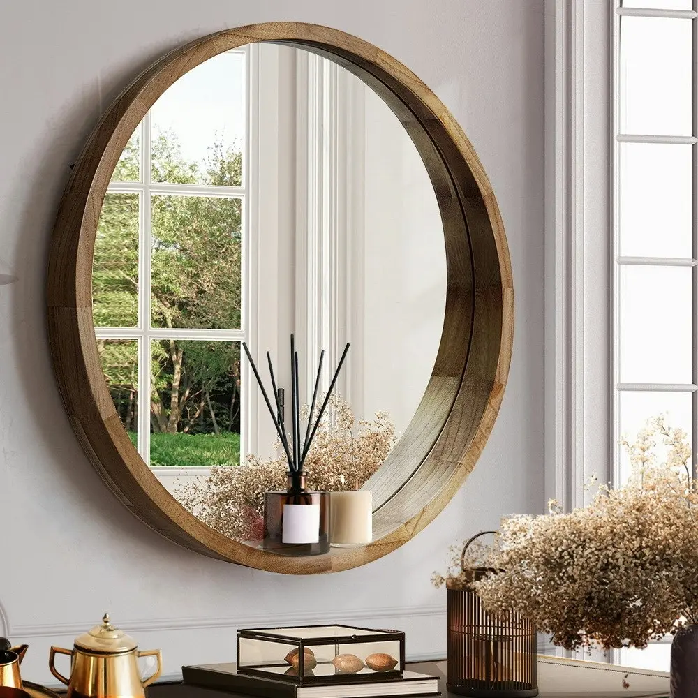 Furb Wooden Wall Mirrors Flat Round Makeup Mirror Bathroom Home Decor 100CM Walnut Wood