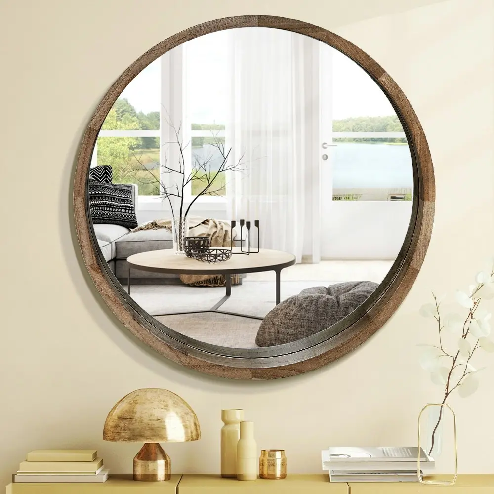 Furb Wooden Wall Mirrors Flat Round Makeup Mirror Bathroom Home Decor 100CM Walnut Wood