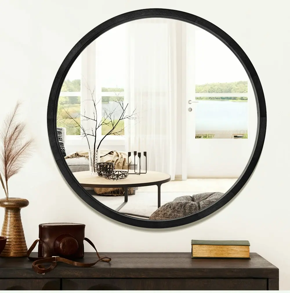 Furb Wooden Wall Mirrors Round Makeup Mirror Bathroom Home Decor 60CM Black