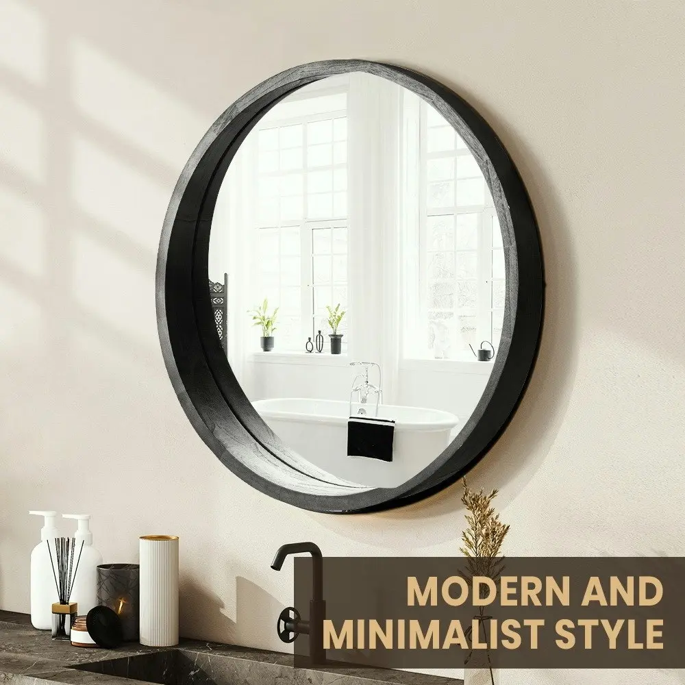 Furb Wooden Wall Mirrors Flat Round Makeup Mirror Bathroom Home Decor 60CM Black