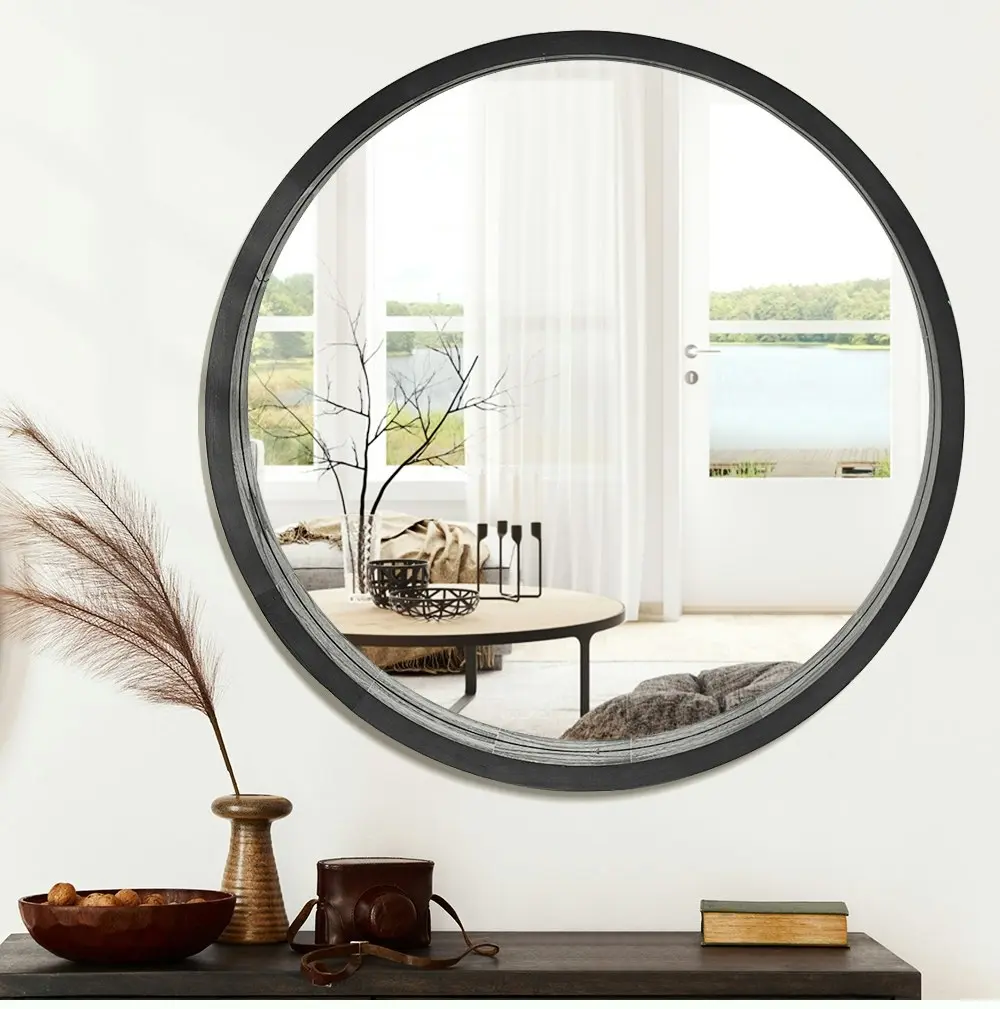 Furb Wooden Wall Mirrors Flat Round Makeup Mirror Bathroom Home Decor 60CM Black