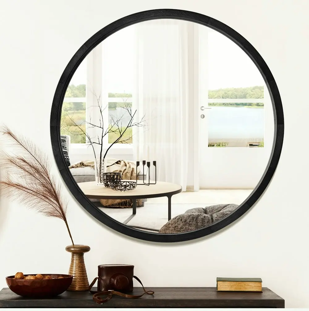 Furb Wooden Wall Mirrors Round Makeup Mirror Bathroom Home Decor 80CM Black