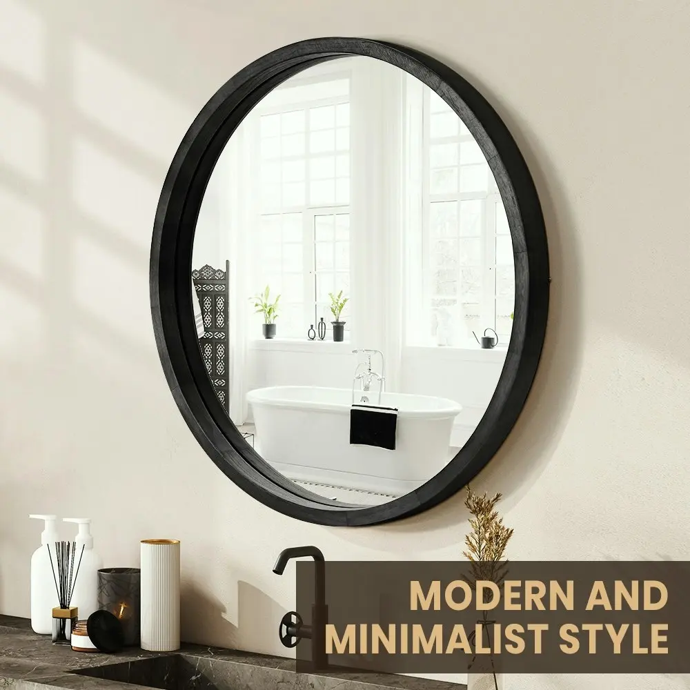 Furb Wooden Wall Mirrors Round Makeup Mirror Bathroom Home Decor 80CM Black