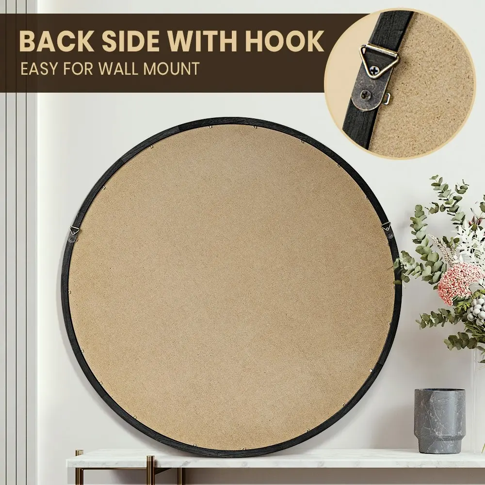 Furb Wooden Wall Mirrors Round Makeup Mirror Bathroom Home Decor 80CM Black