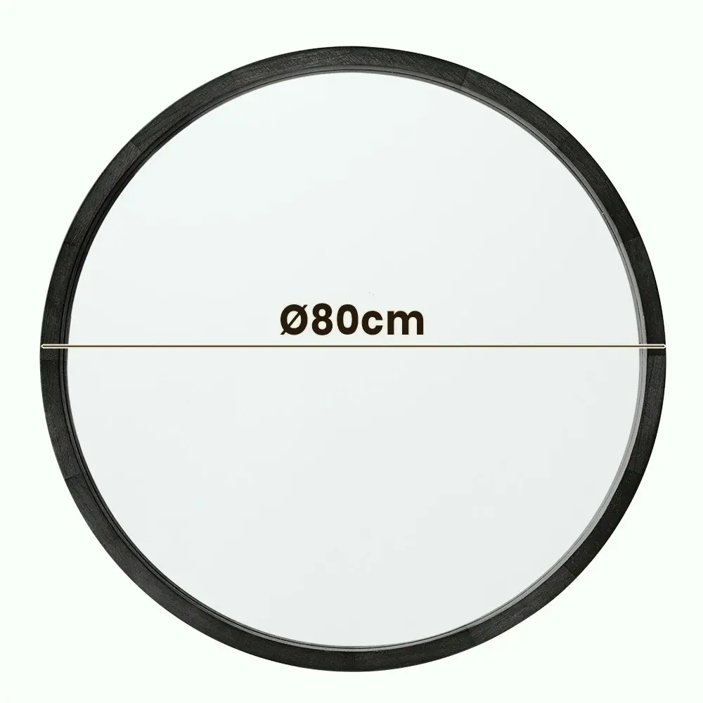 Furb Wooden Wall Mirrors Round Makeup Mirror Bathroom Home Decor 80CM Black