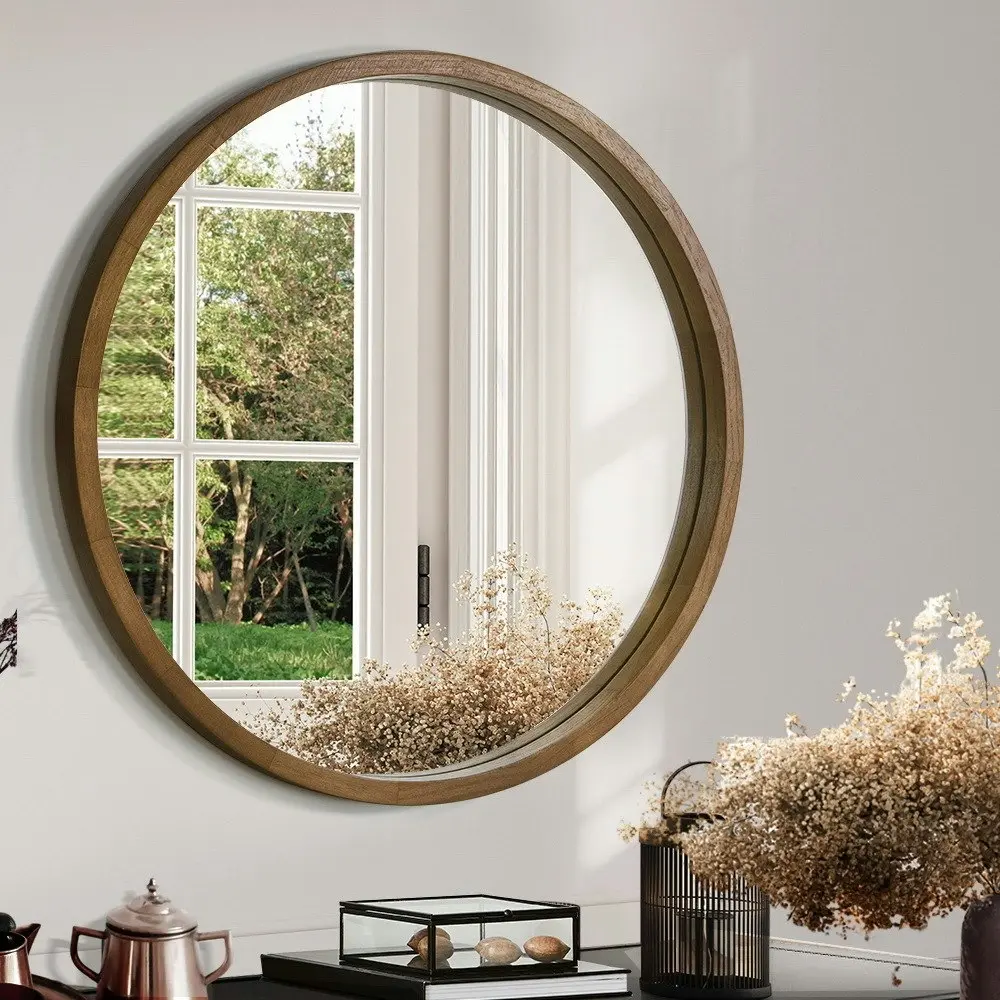 Furb Wooden Wall Mirrors Round Makeup Mirror Bathroom Home Decor 80CM Walnut Wood