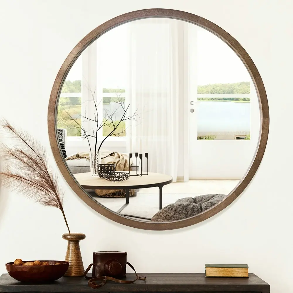 Furb Wooden Wall Mirrors Round Makeup Mirror Bathroom Home Decor 80CM Walnut Wood