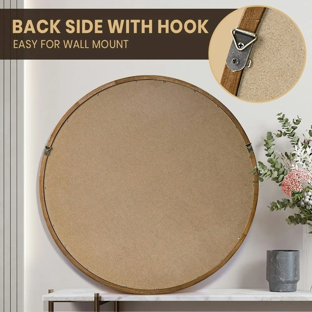 Furb Wooden Wall Mirrors Round Makeup Mirror Bathroom Home Decor 80CM Walnut Wood