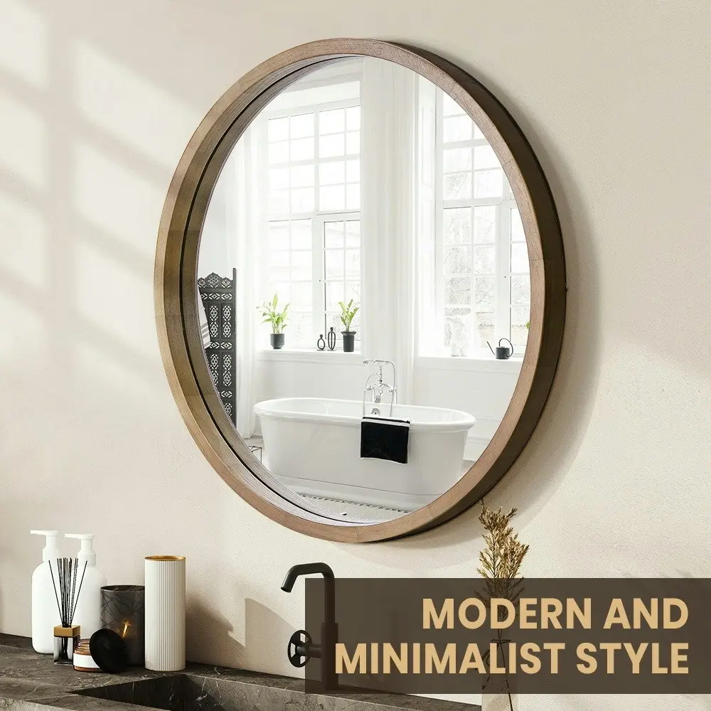 Furb Wooden Wall Mirrors Round Makeup Mirror Bathroom Home Decor 80CM Walnut Wood