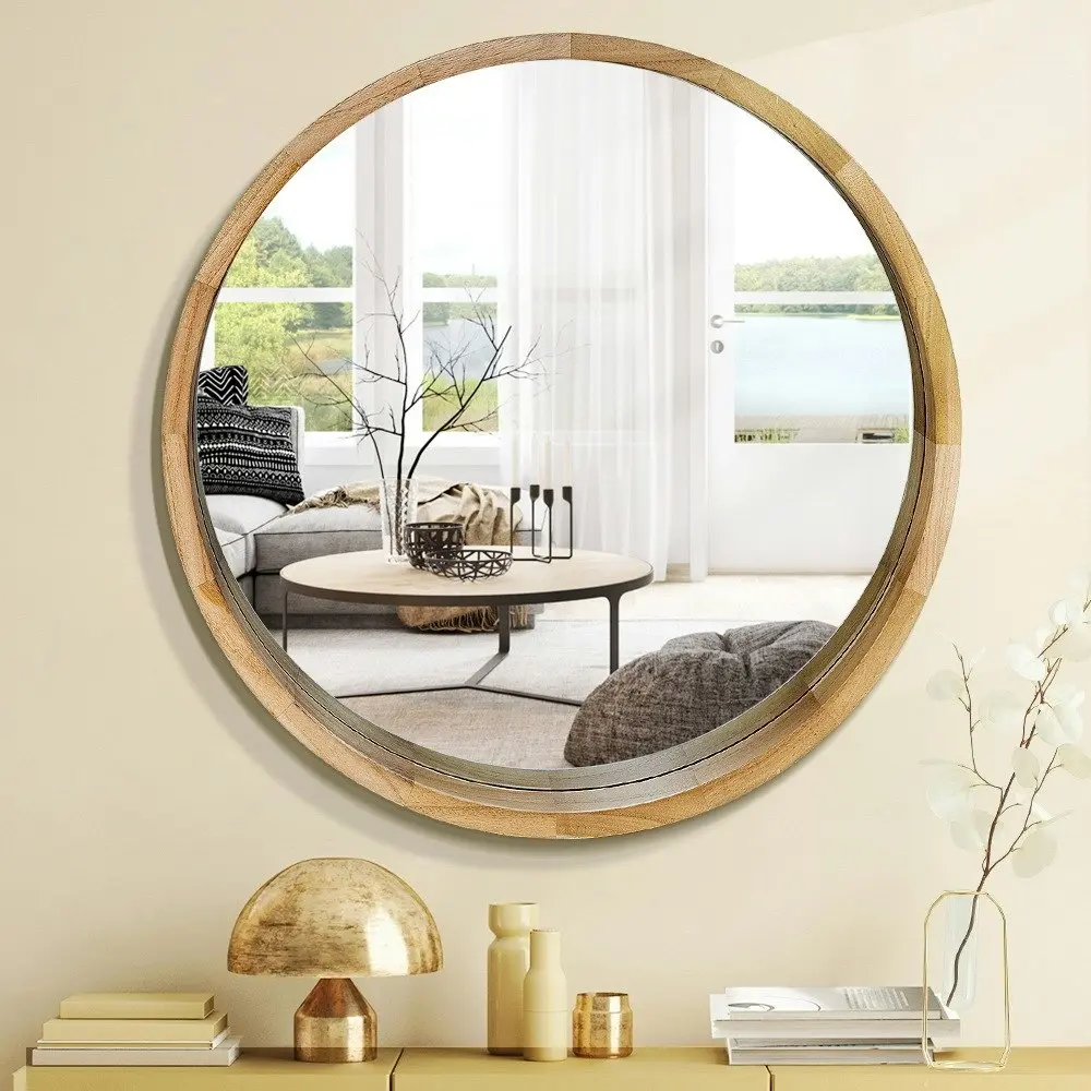 Furb Wooden Wall Mirrors Flat Round Makeup Mirror Bathroom Home Decor 80CM Original Wood