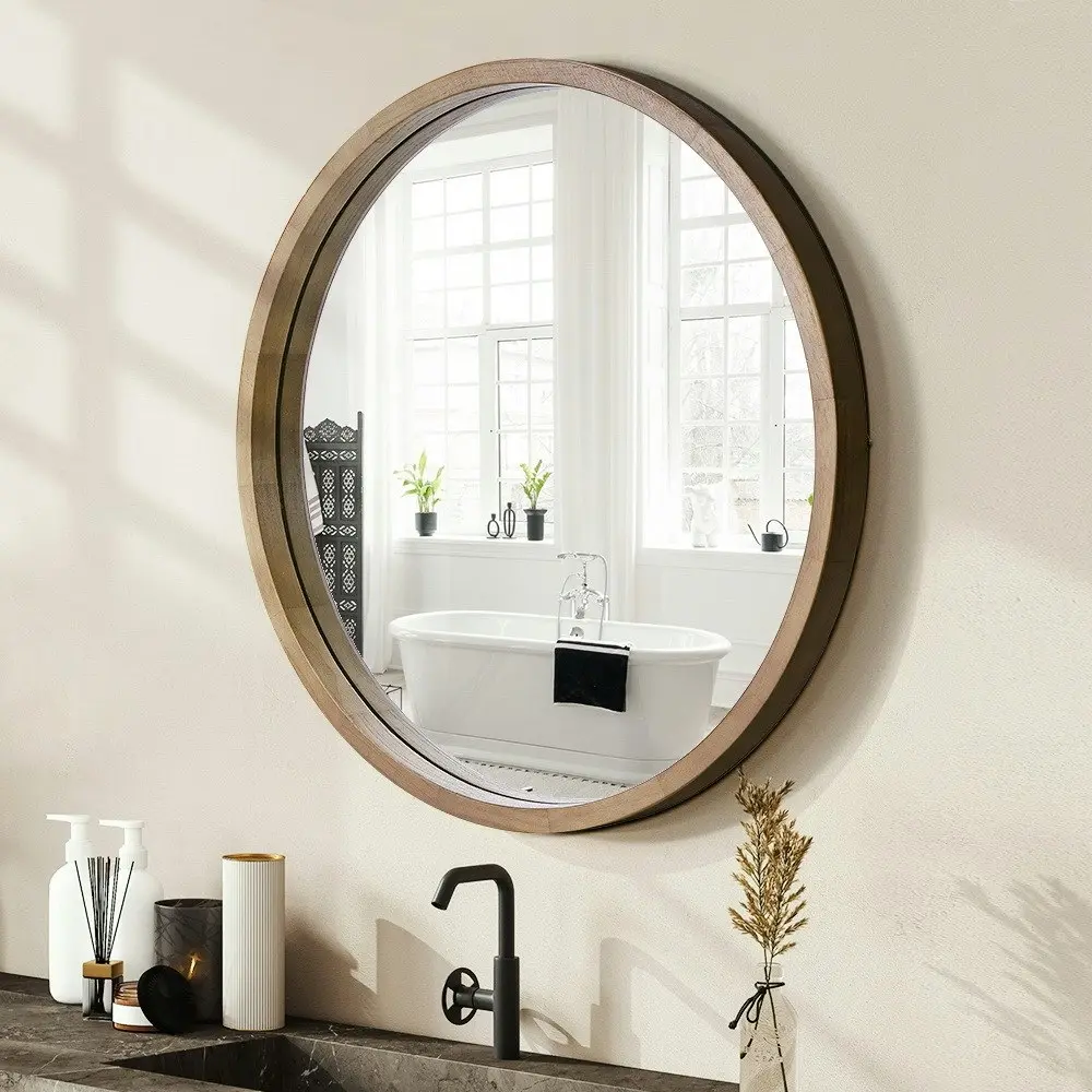 Furb Wooden Wall Mirrors Round Makeup Mirror Bathroom Home Decor 100CM Walnut Wood