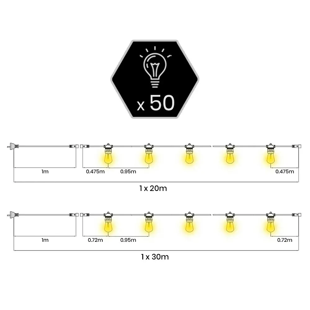 Groverdi 50M LED Festoon String Lights Christmas Wedding Party Garden Outdoor Easter Hanging bulbs