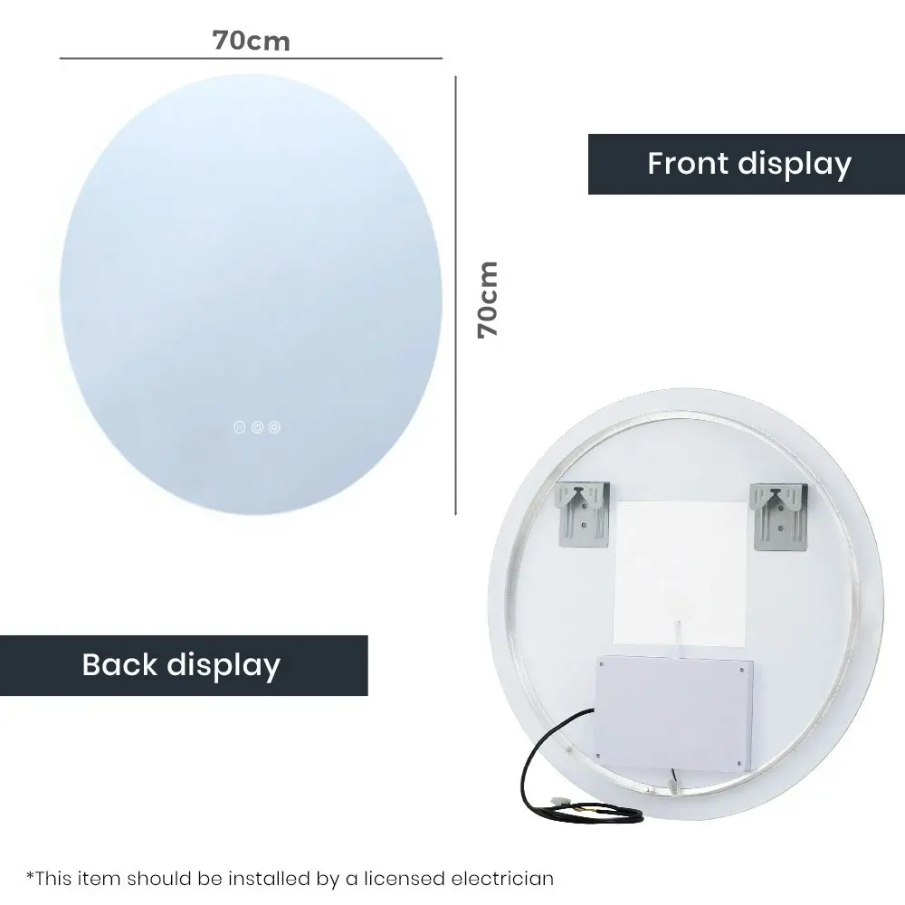 Simplus LED Wall Round Mirror Anti-fog Bathroom Mirrors Makeup Light 70cm