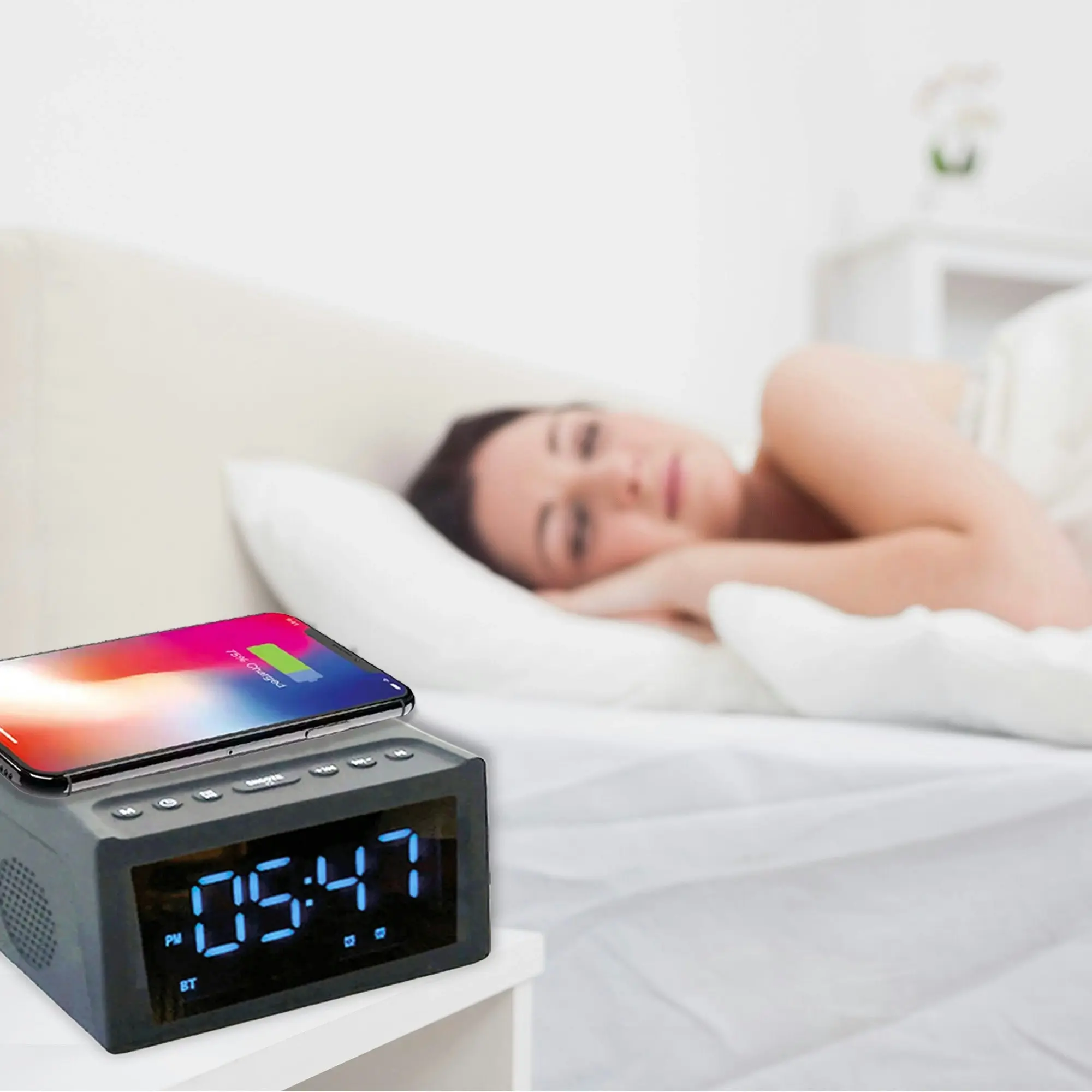 Laser Alarm Clock with 10W Wireless Charging & Bluetooth Speaker