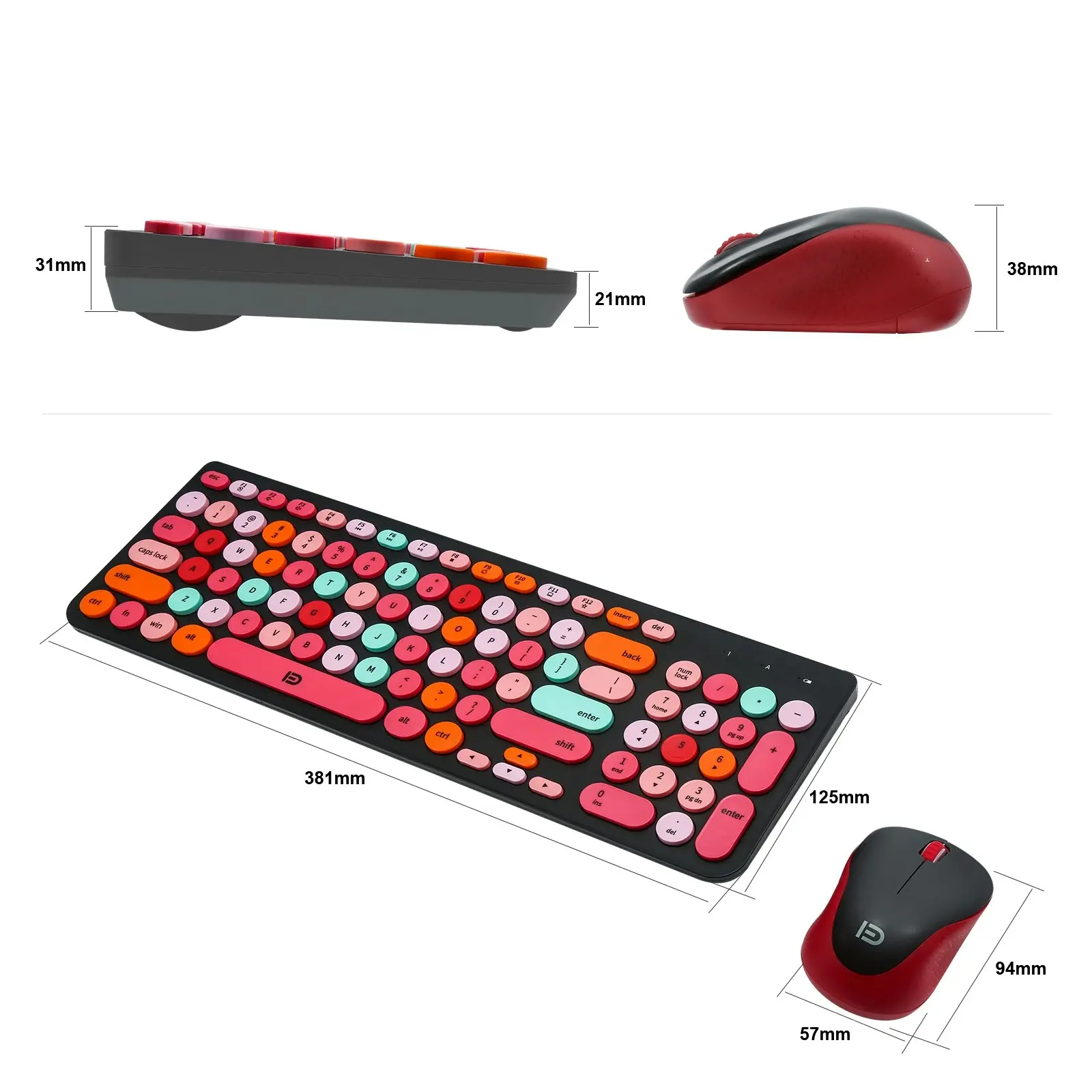 2.4Ghz Wireless Keyboard Mouse Combo Rechargeable Mac Windows Android 96 Key - Black Red