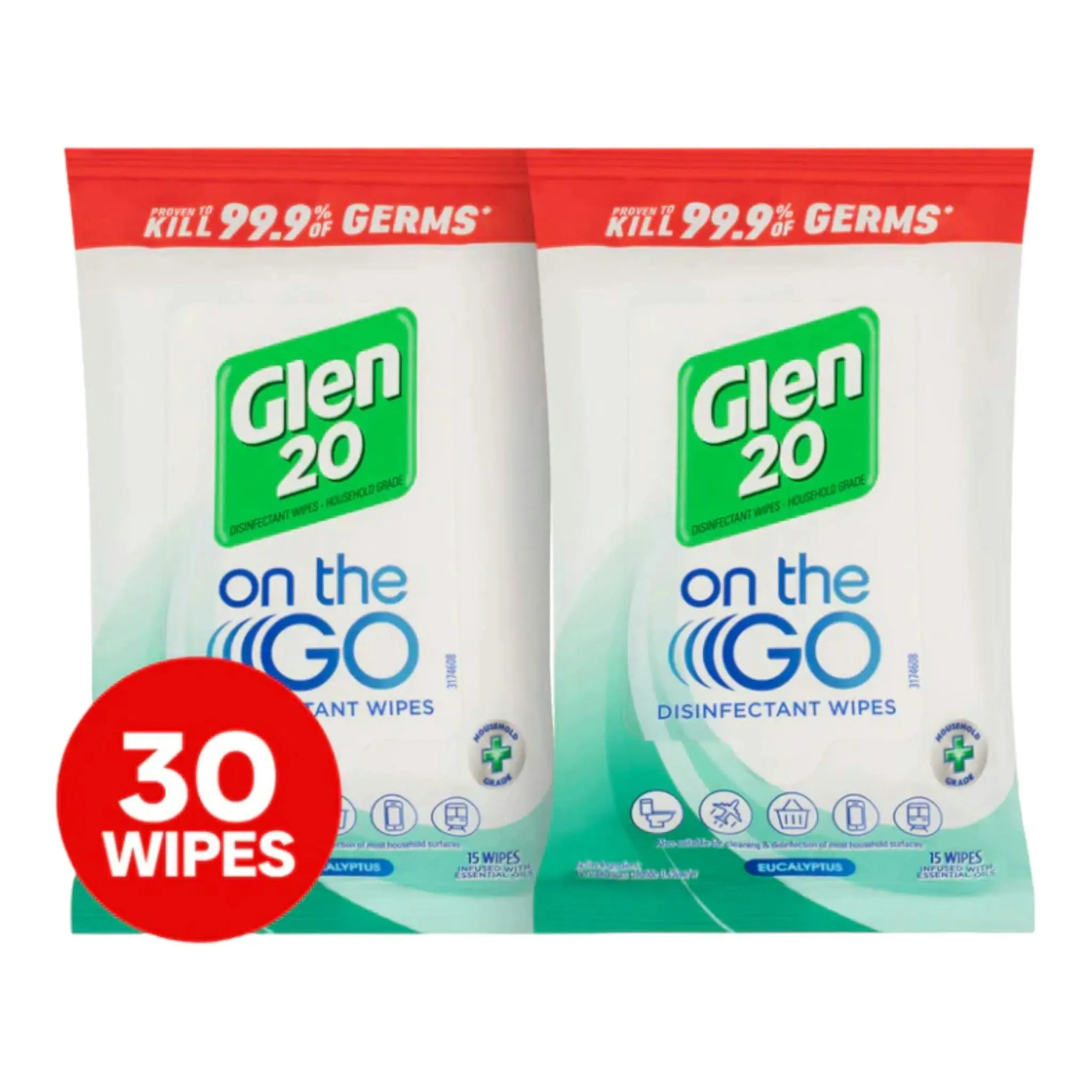 2 x 15pk Glen 20 On The Go Disinfectant Wipes Eucalyptus