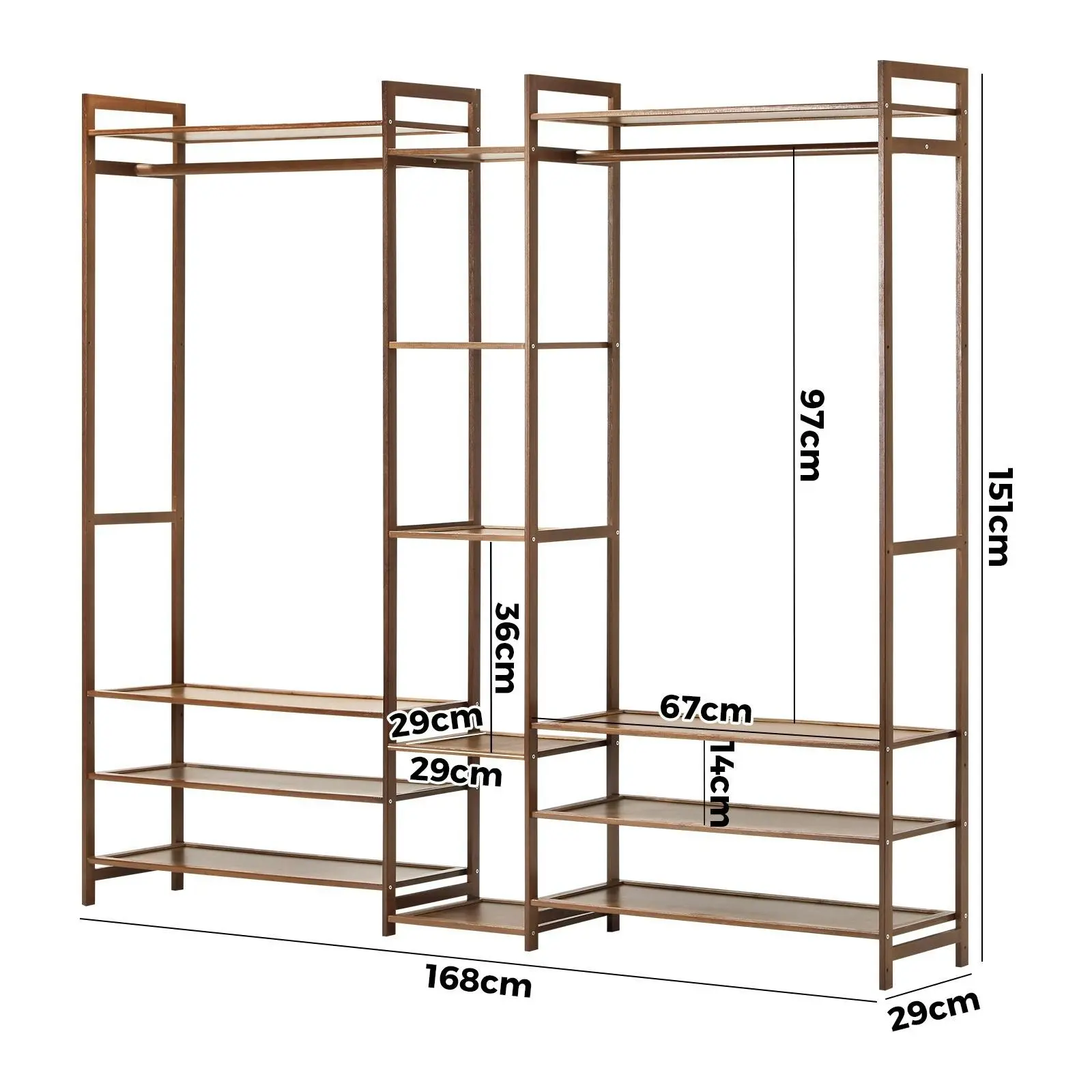 Oikiture Clothes Rack Open Wardrobe Garment Coat Hanging Rail Bamboo 13 Shelves