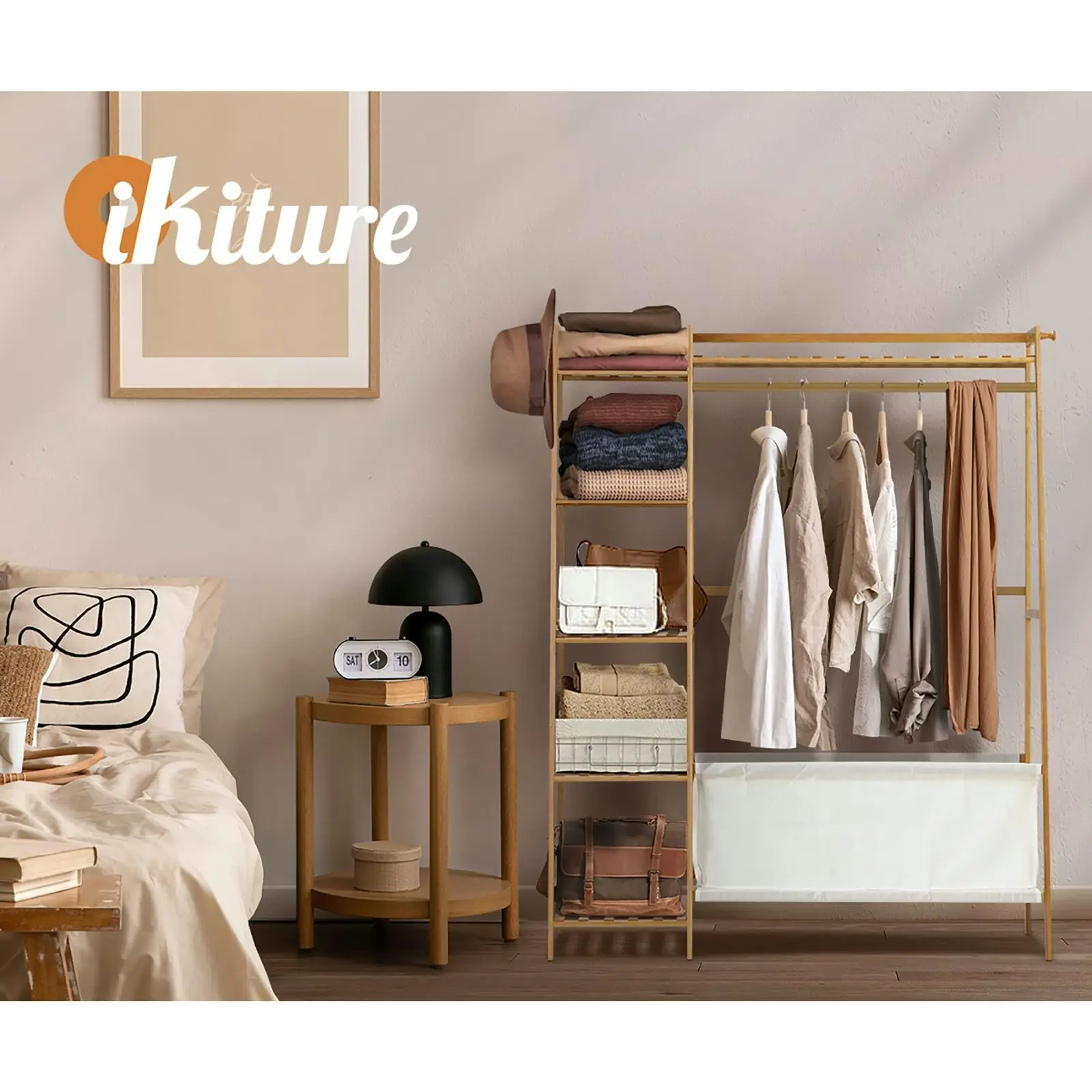 Oikiture Clothes Rack Open Wardrobe Garment Coat Hanging Rail with Laundry bag