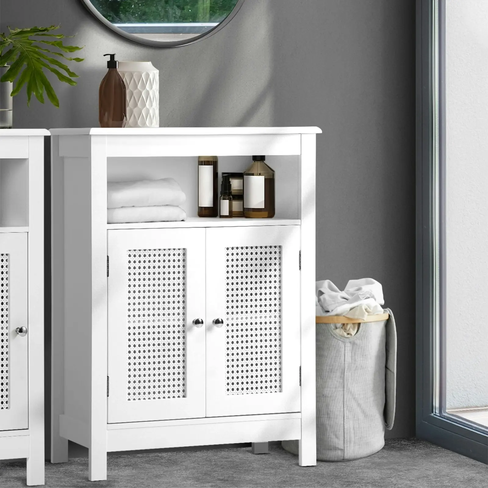 Oikiture Storage Cabinet Floor Cupboard Laundry Bathroom Two Rattan Door White