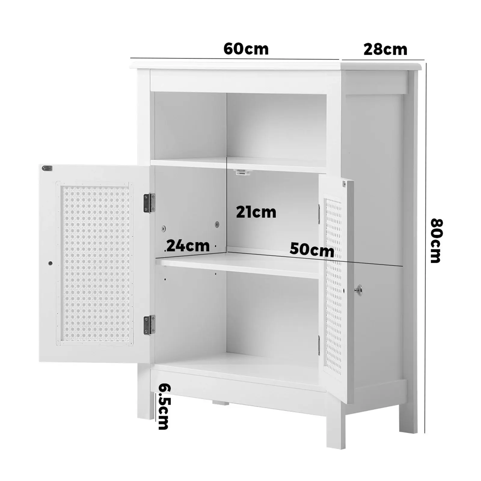 Oikiture Storage Cabinet Floor Cupboard Laundry Bathroom Two Rattan Door White