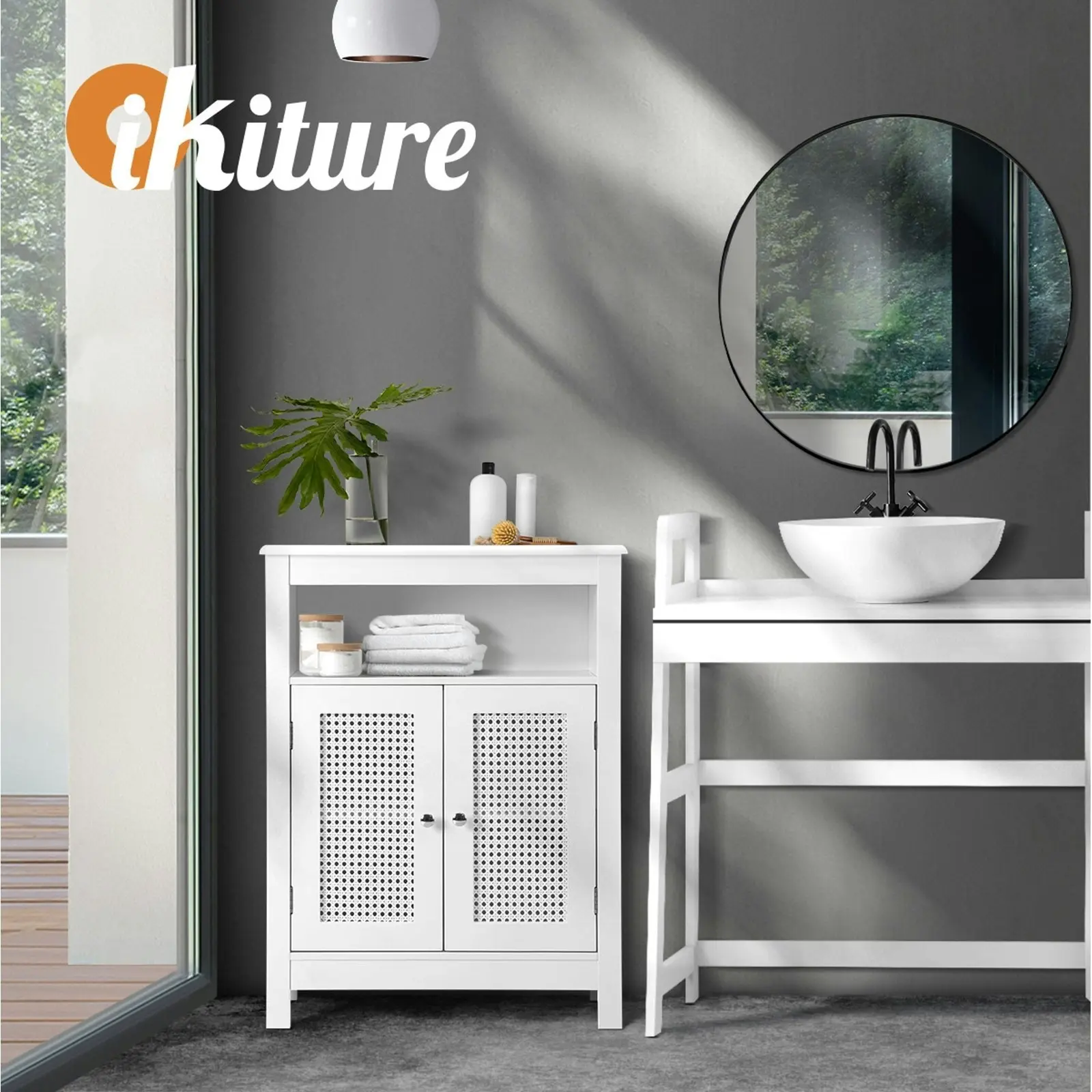 Oikiture Storage Cabinet Floor Cupboard Laundry Bathroom Two Rattan Door White