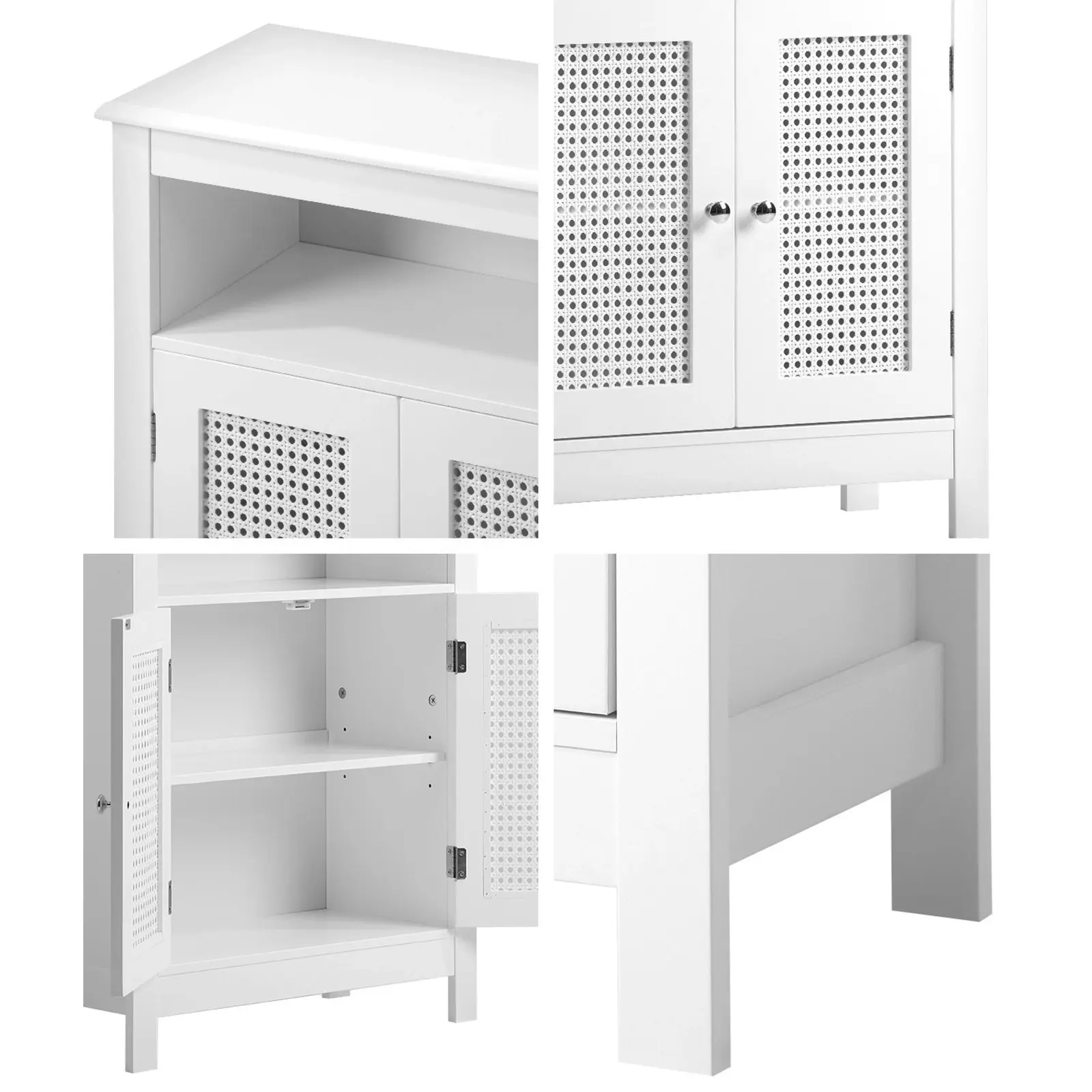 Oikiture Storage Cabinet Floor Cupboard Laundry Bathroom Two Rattan Door White