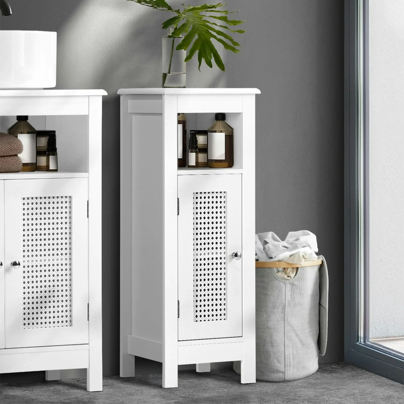 Oikiture Storage Cabinet Floor Cupboard Slim Laundry Bathroom Rattan Door White