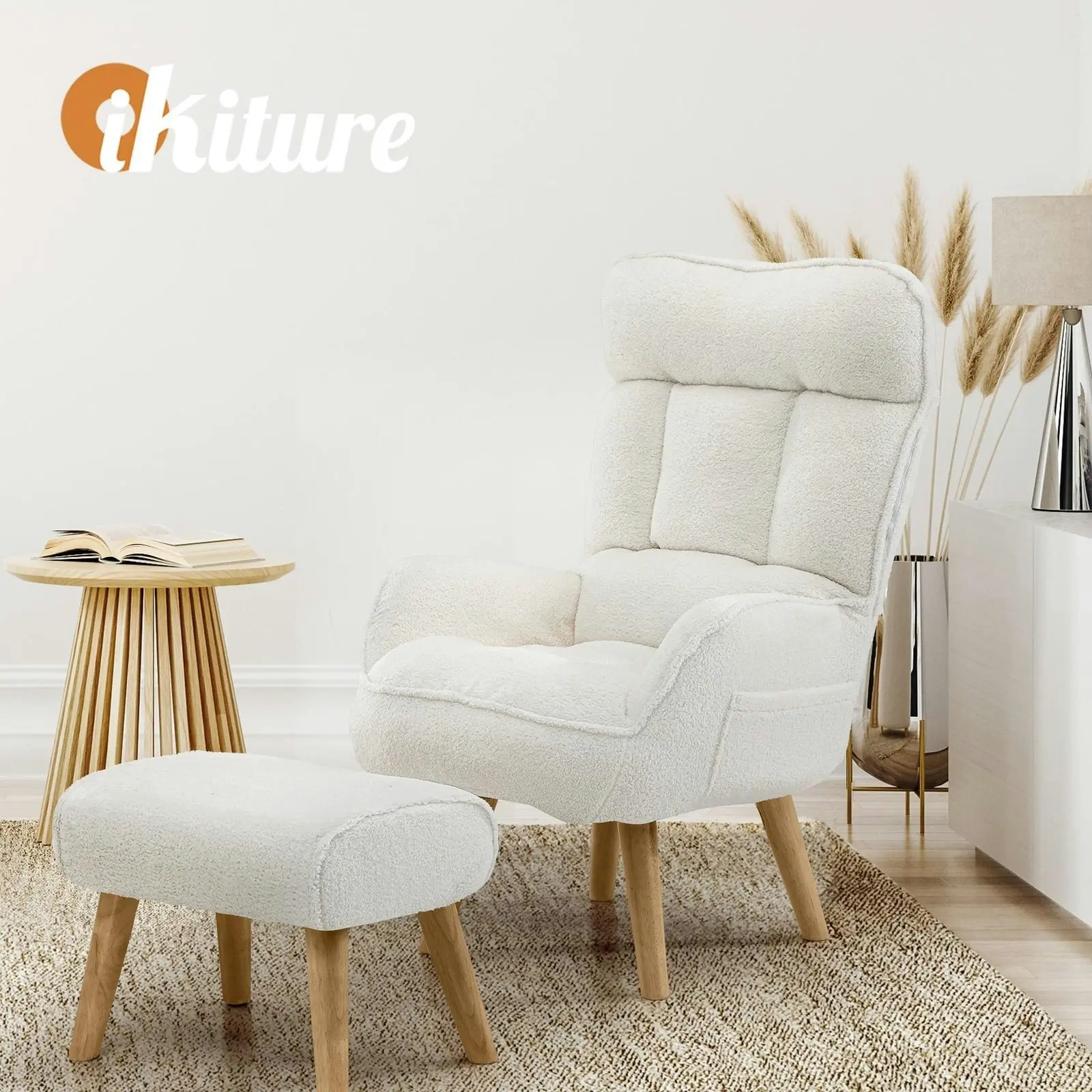 Oikiture Swivel Recliner Armchair Lounge Ottoman Accent Chair With Stool Sherpa White