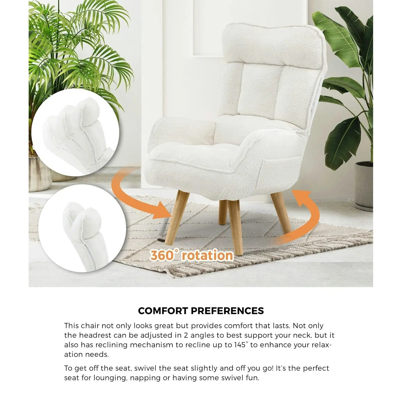 Oikiture Swivel Recliner Armchair Lounge Ottoman Accent Chair With Stool Sherpa White