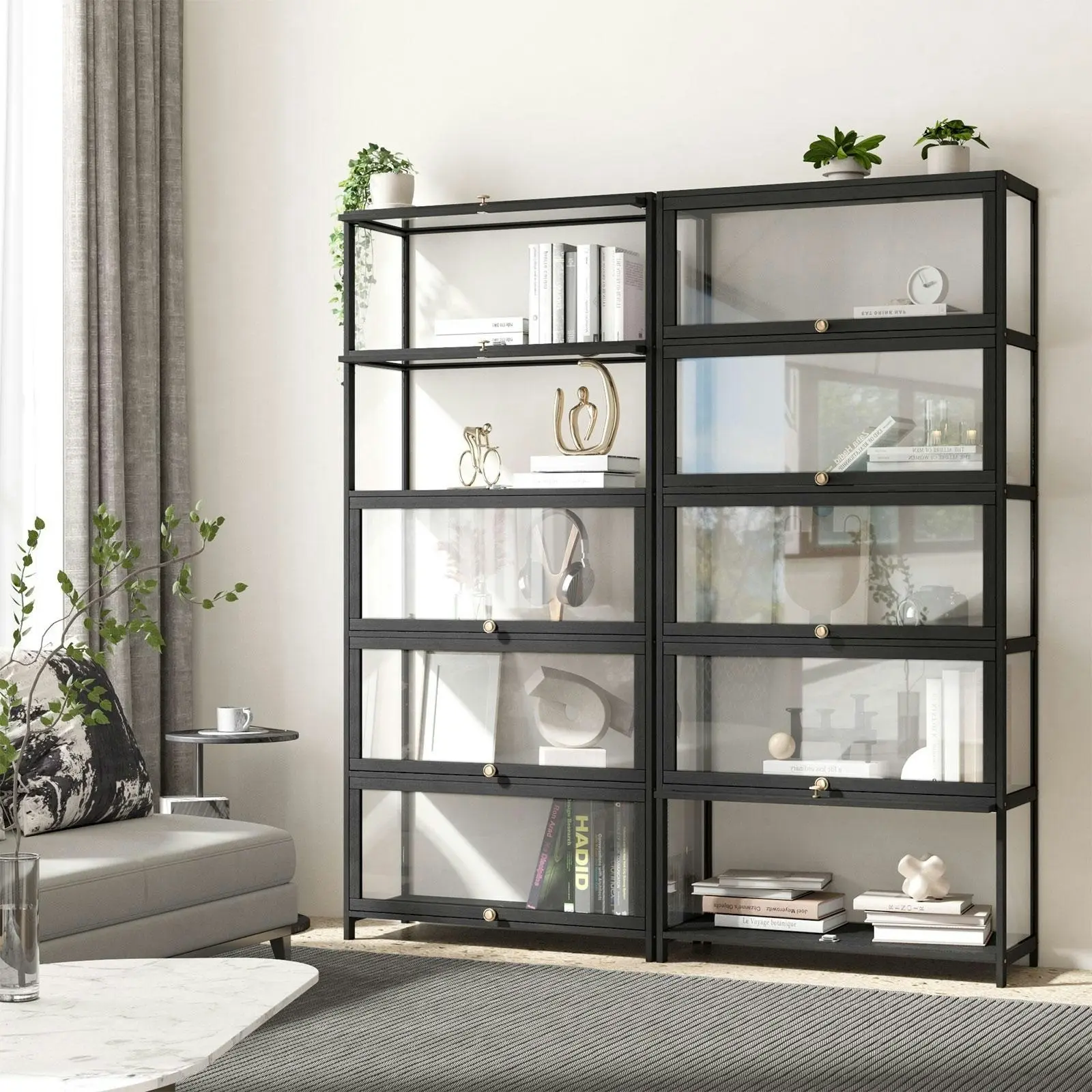 Oikiture Display Cabinet Storage 5-Tier Shelves Clear Bookcase Sideboard Black