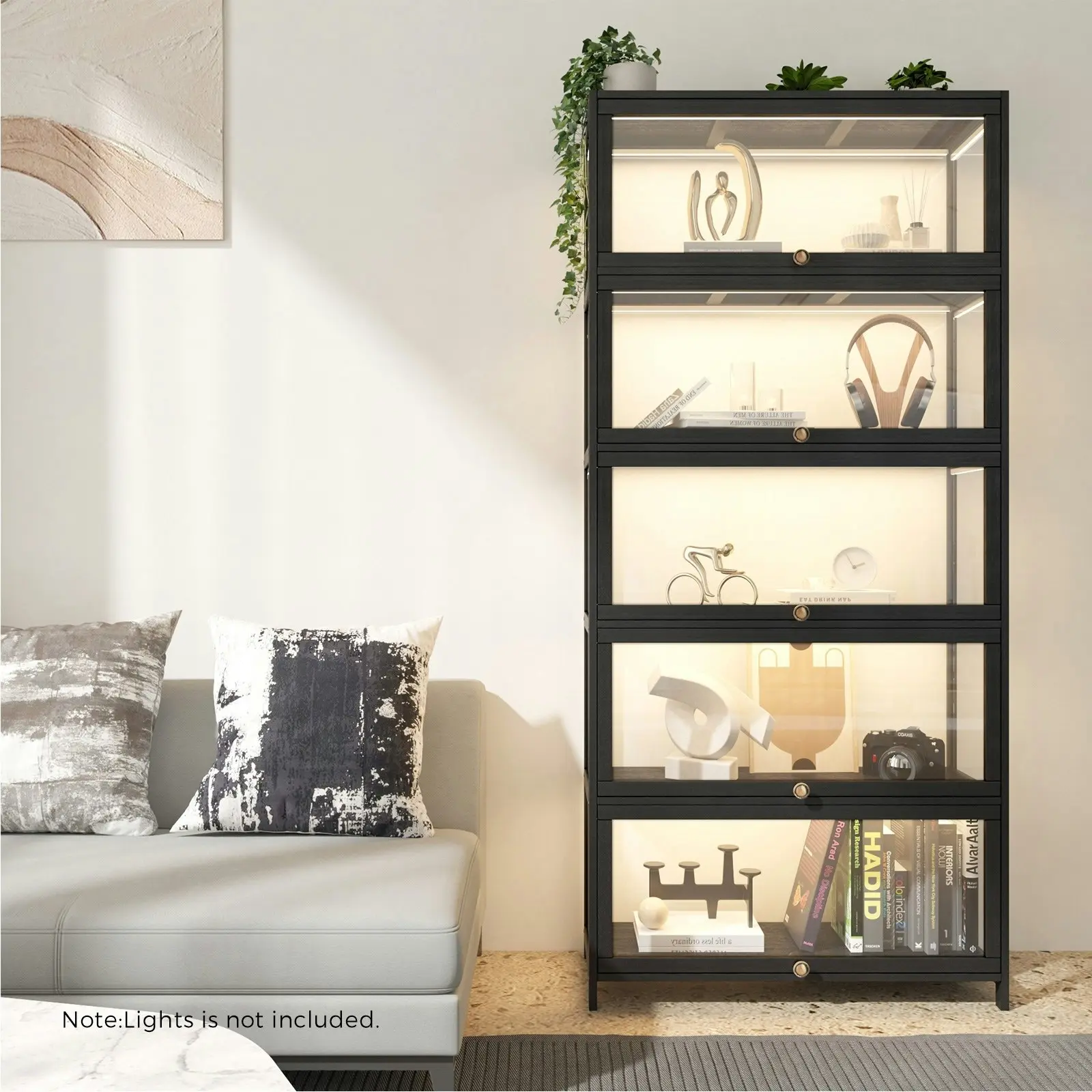 Oikiture Display Cabinet Storage 5-Tier Shelves Clear Bookcase Sideboard Black