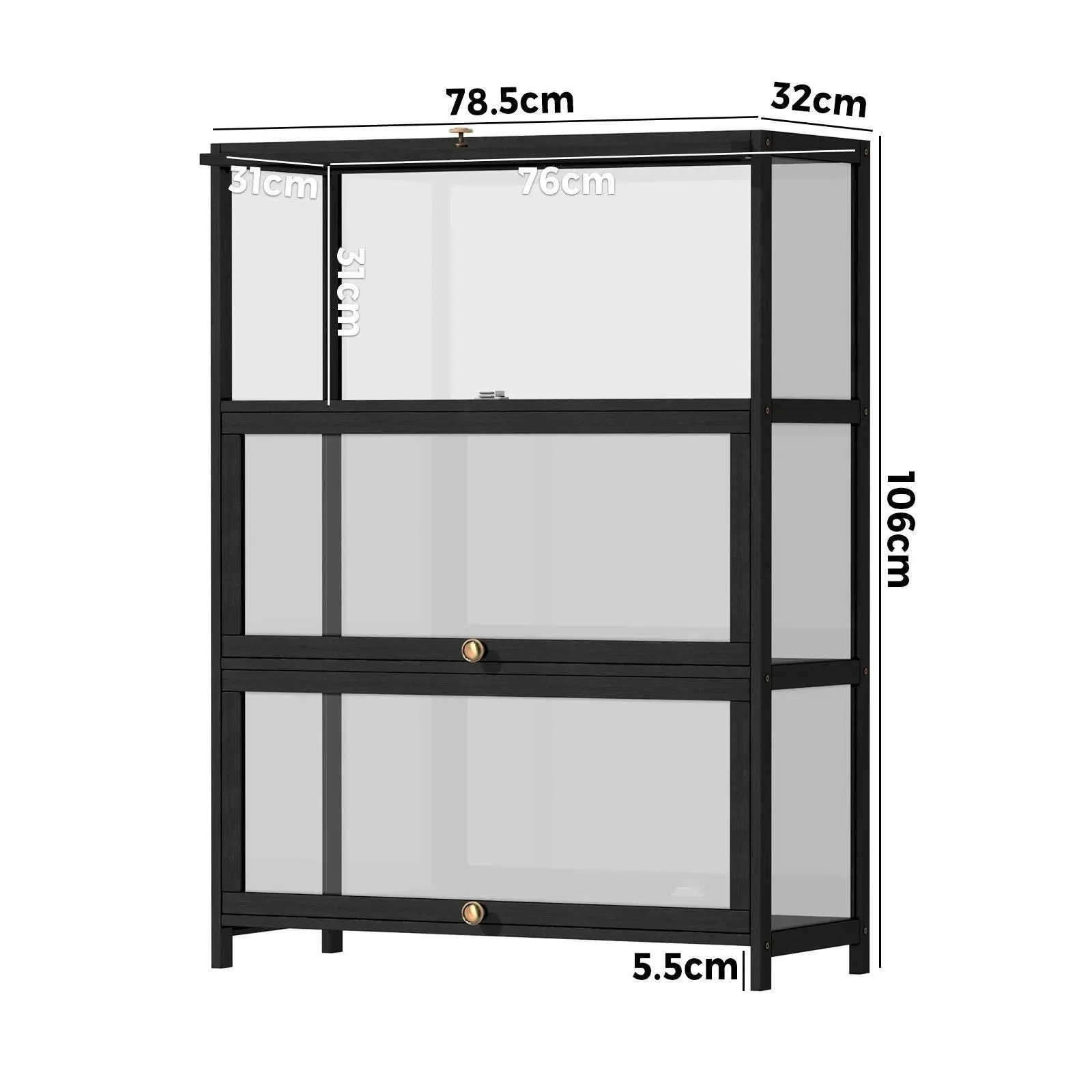 Oikiture Display Cabinet Storage 3-Tier Shelves Clear Bookcase Stand Rack Black