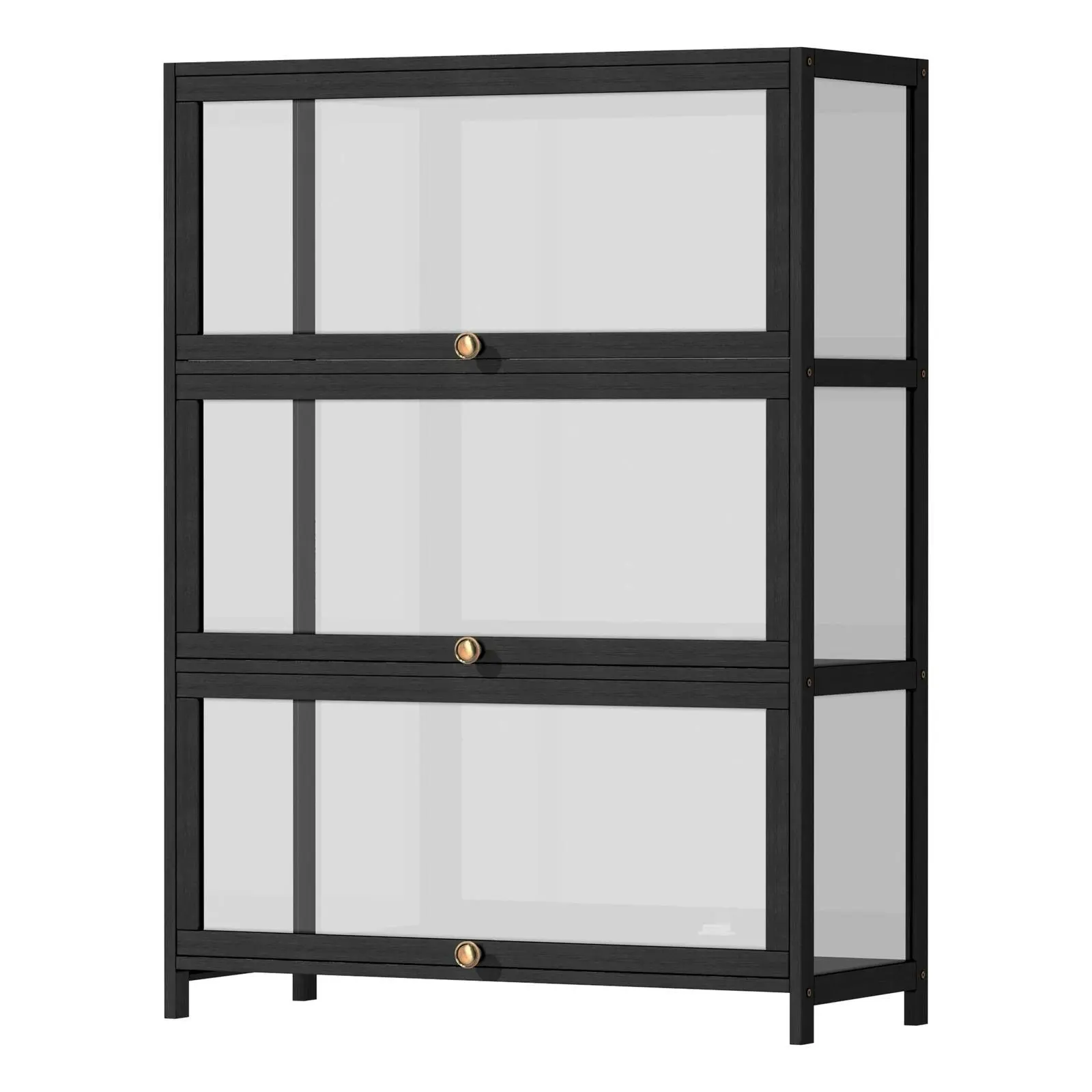 Oikiture Display Cabinet Storage 3-Tier Shelves Clear Bookcase Stand Rack Black