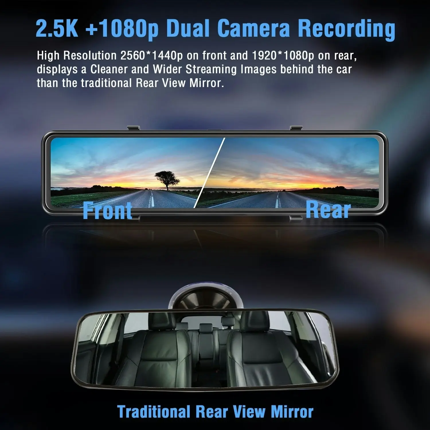 Campark R12 12" Mirror 2.5K GPS Front Rear Dual Dash Cam Car DVR Camera Night Vision