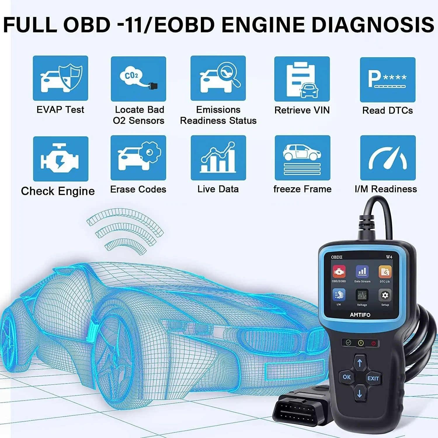 AMTIFO OBD2 Scanner Auto Check Car Engine Clear Fault Code Reader Automotive Diagnostic Scan Tester Tools Kit Color Screen W4