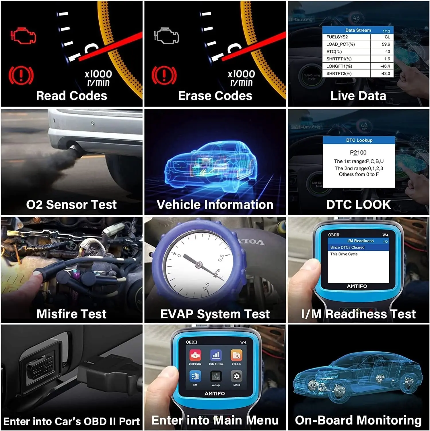 AMTIFO OBD2 Scanner Auto Check Car Engine Clear Fault Code Reader Automotive Diagnostic Scan Tester Tools Kit Color Screen W4