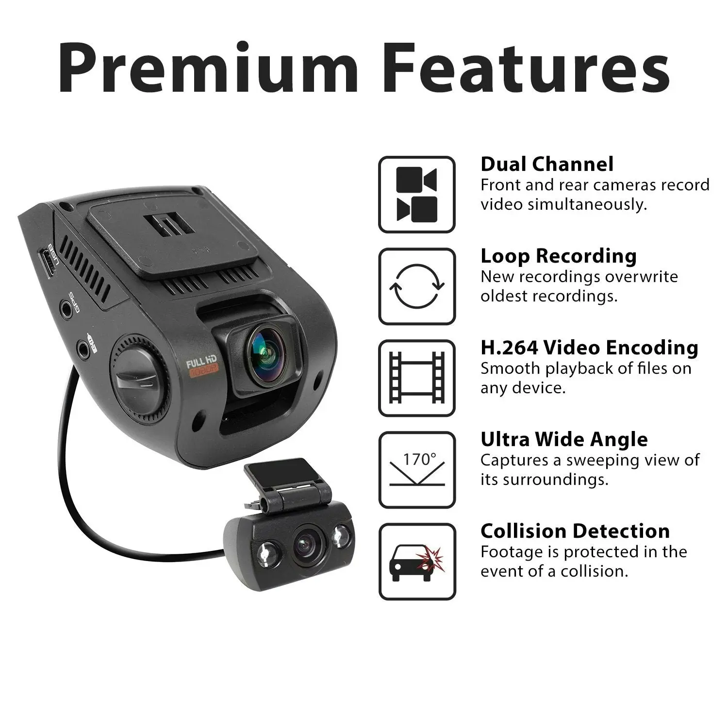 Rexing V1P 2.4" LCD FHD 1080p 170 Degree Wide Angle Dual Front Rear Dash Camera