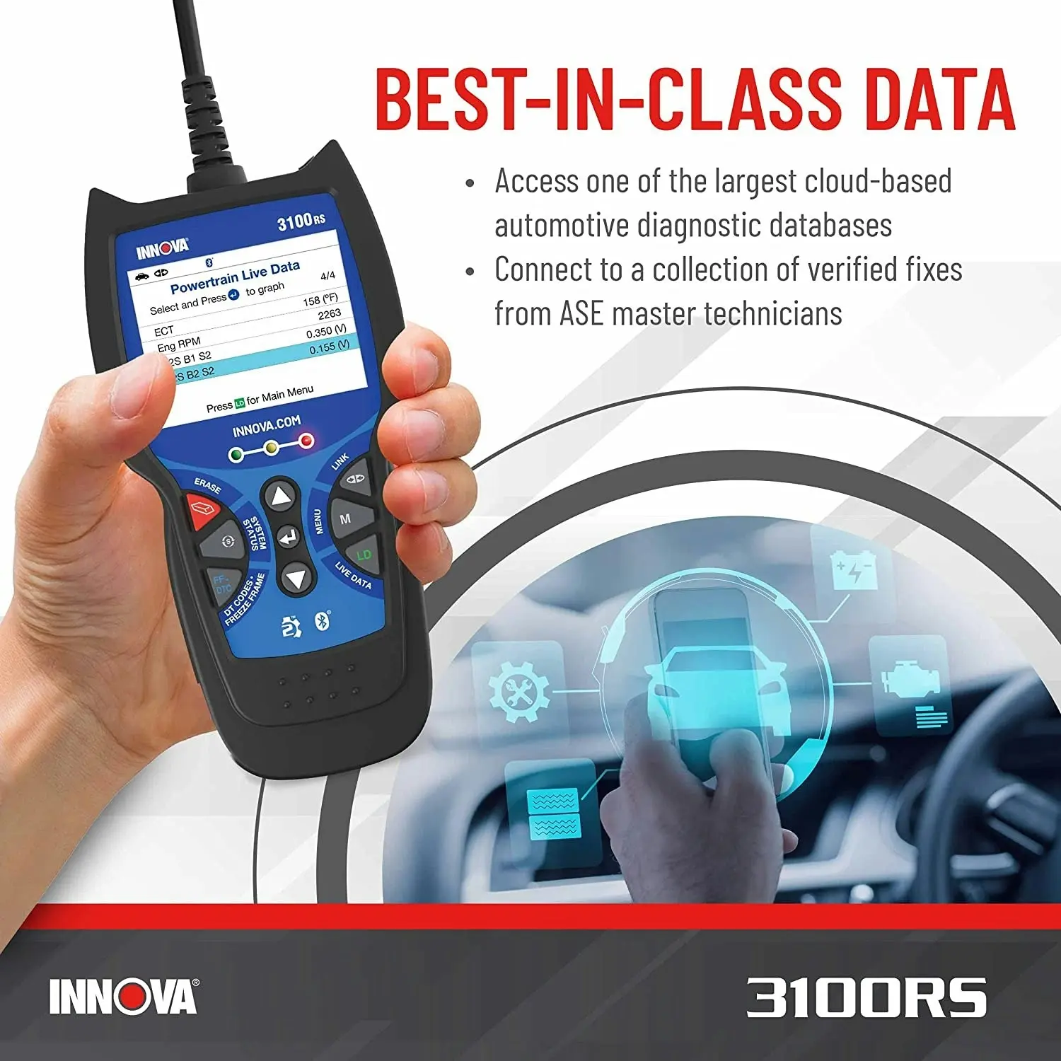 Innova 3100RS Live Data OBD2 Scanner Read/Erase OBD2 ABS SRS Codes Reset Oil Light - Fast & Easy to use - Free Updates - Bluetooth w Free RepairSoluti