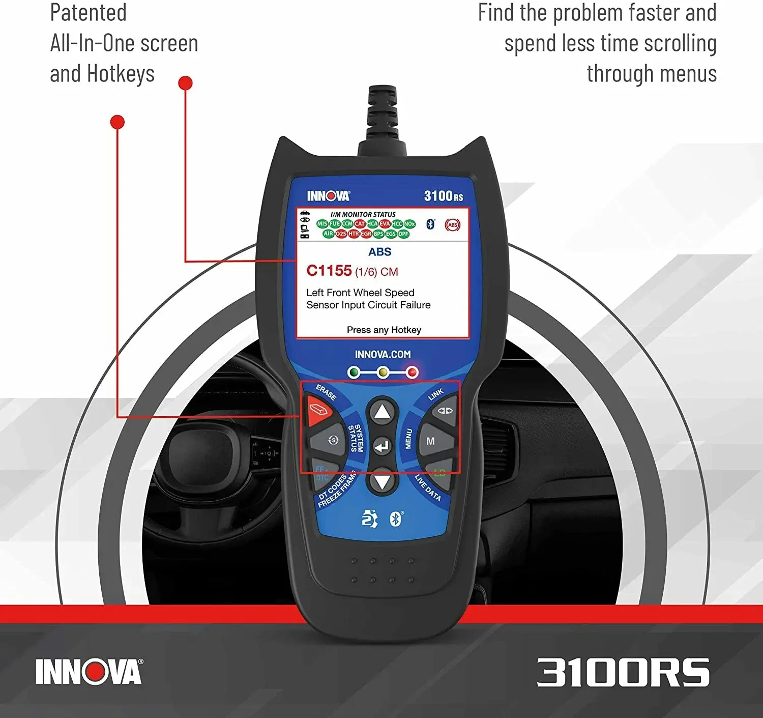 Innova 3100RS Live Data OBD2 Scanner Read/Erase OBD2 ABS SRS Codes Reset Oil Light - Fast & Easy to use - Free Updates - Bluetooth w Free RepairSoluti