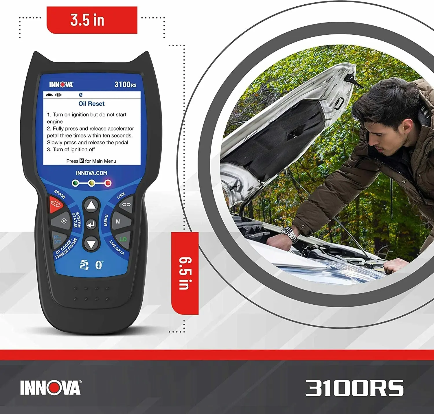 Innova 3100RS Live Data OBD2 Scanner Read/Erase OBD2 ABS SRS Codes Reset Oil Light - Fast & Easy to use - Free Updates - Bluetooth w Free RepairSoluti