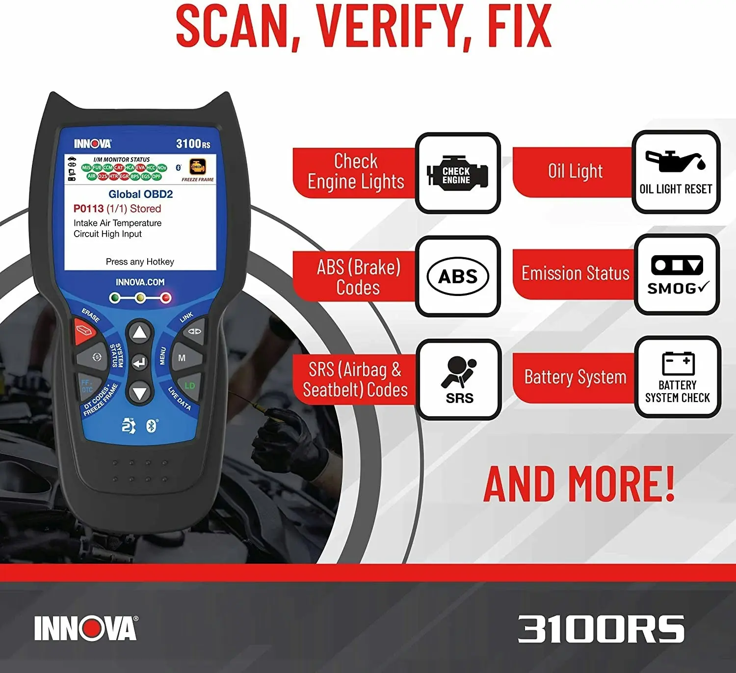 Innova 3100RS Live Data OBD2 Scanner Read/Erase OBD2 ABS SRS Codes Reset Oil Light - Fast & Easy to use - Free Updates - Bluetooth w Free RepairSoluti