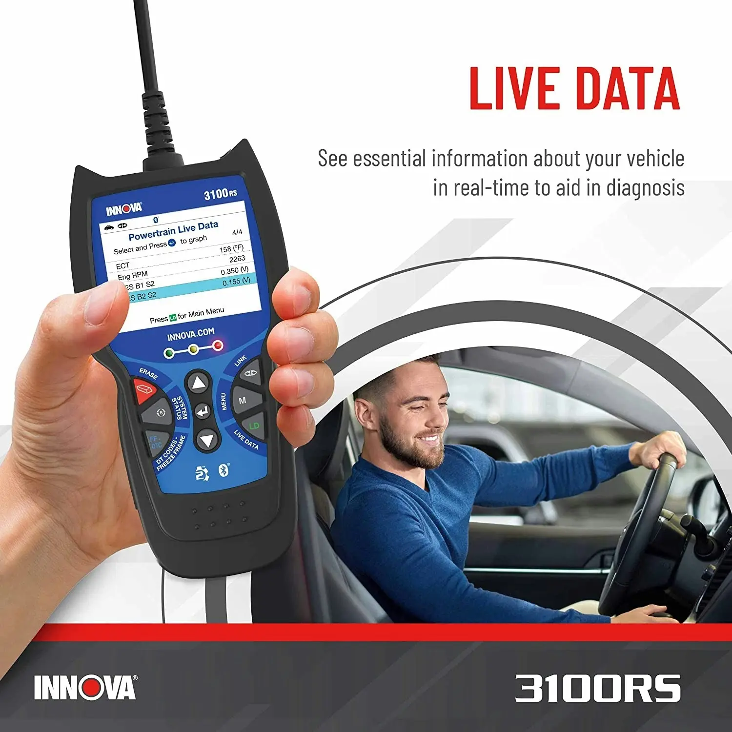 Innova 3100RS Live Data OBD2 Scanner Read/Erase OBD2 ABS SRS Codes Reset Oil Light - Fast & Easy to use - Free Updates - Bluetooth w Free RepairSoluti