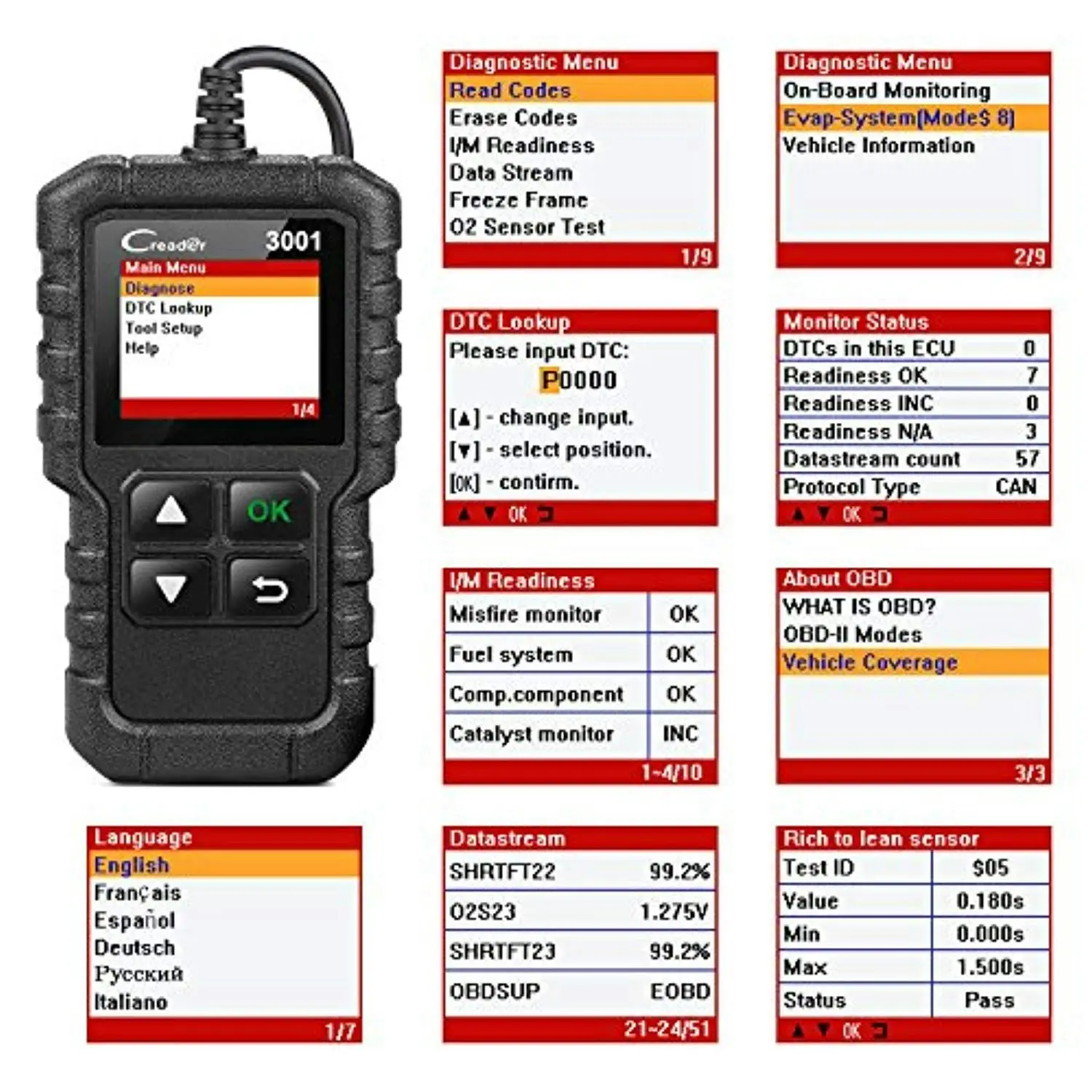 Launch Creader 3001 OBD2 Scanner Automotive Car Diagnostic Tool Check Engine Light O2 Sensor Systems OBD Code Readers Scan Tools