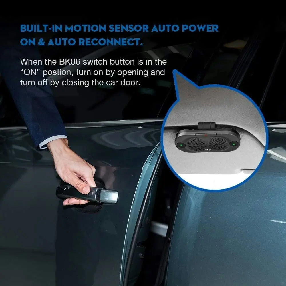 Besign BK06 Bluetooth 5.0 in Car Speakerphone with Visor Clip, Wireless Car Kit for Handsfree Talking, Motion Auto On, Siri Google Assistant Support,