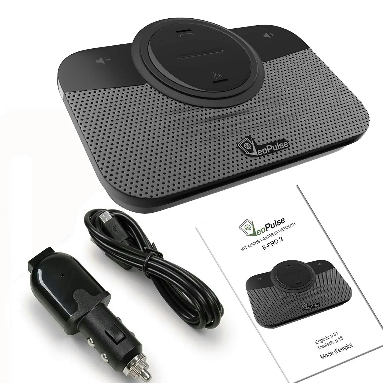 VeoPulse Car Speakerphone B-PRO 2 Hands Free with Bluetooth Automatic Mobile Phone Connection - Safe Hands-free kit Talking and Driving Wireless Techn