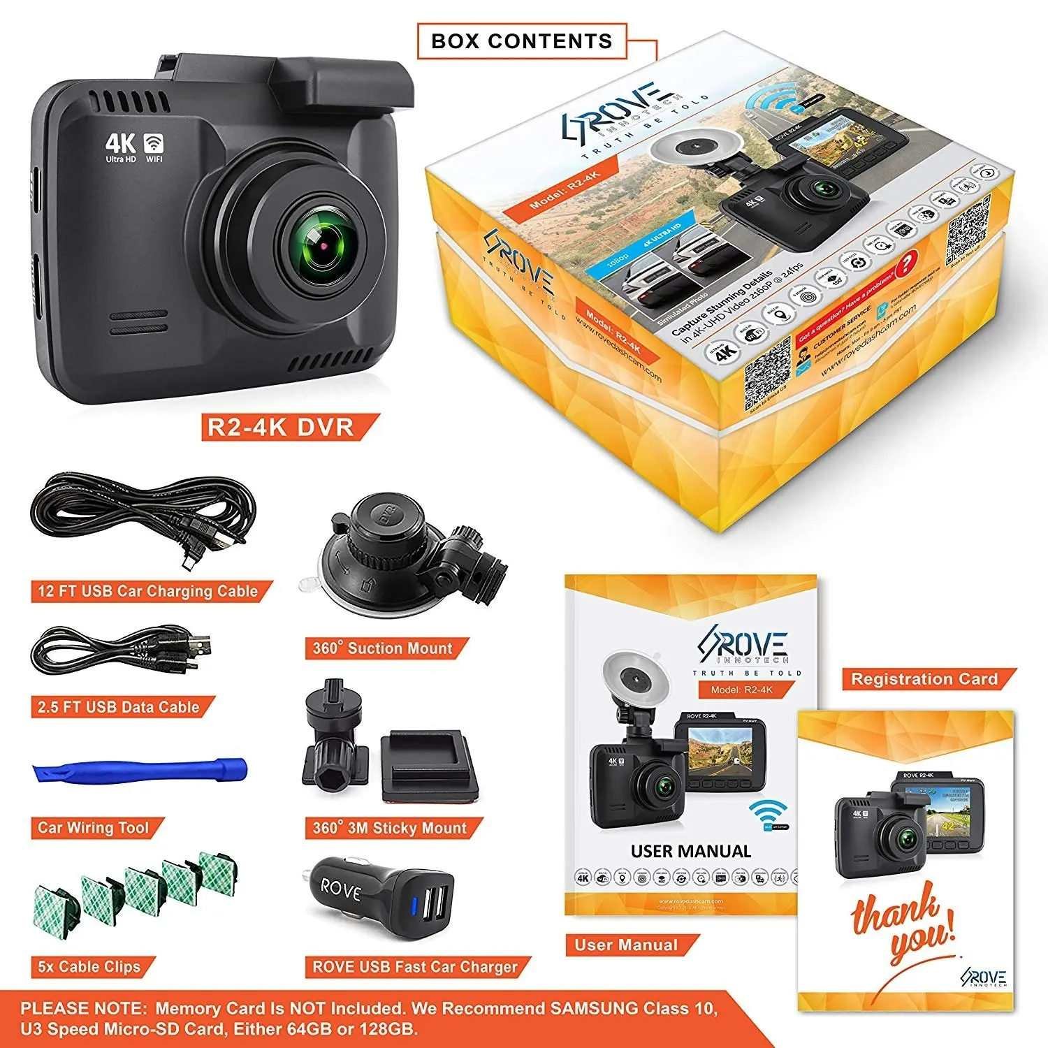 ROVE R2-4K Dash Cam Built in WiFi GPS Car Dashboard Camera Recorder with UHD 2160P, 2.4" LCD, 150° Wide Angle, WDR, Night Vision