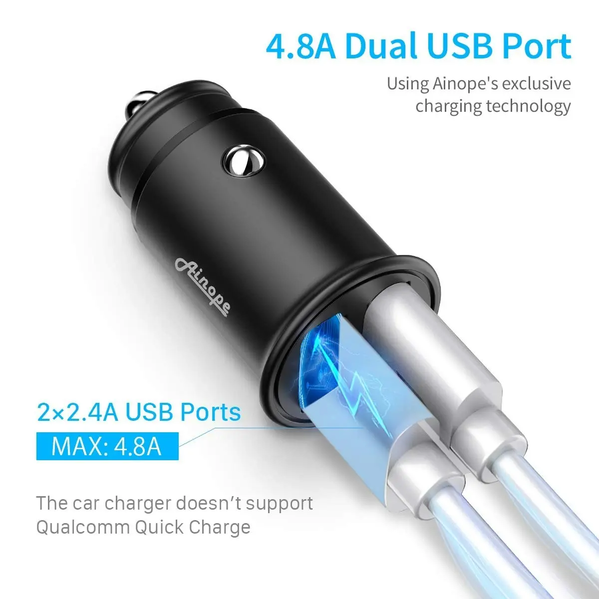 Ainope Car Charger, 4.8A Aluminum Alloy Car Charger Adapter Dual USB Port Fast Car Charging Mini Flush Fit Compatible iPhone Xs max/x/7/6s, iPad Air 2