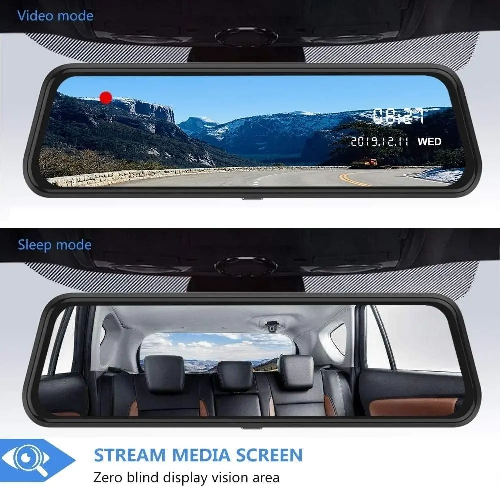 Junsun Backup Camera 10 inch Mirror Dash Cam Dual Lens Front Rear Dash Camera 1080P Full Touch Screen Video Streaming Rear View Mirror Loop Recording,