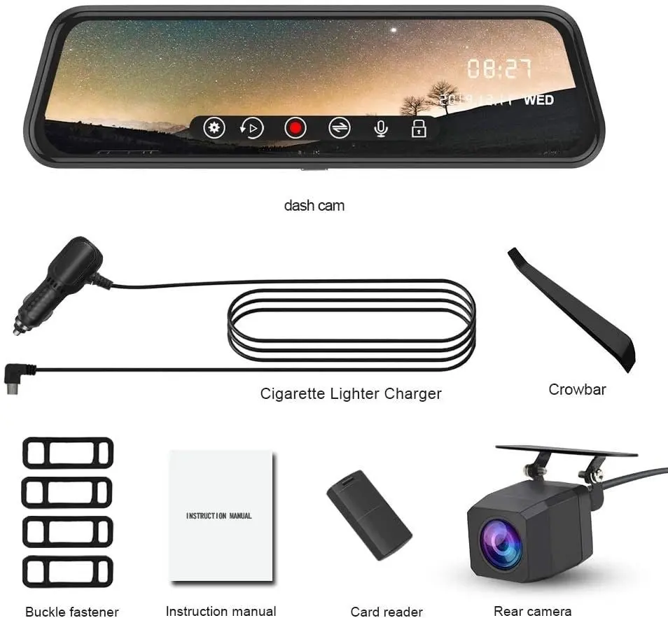 Junsun Backup Camera 10 inch Mirror Dash Cam Dual Lens Front Rear Dash Camera 1080P Full Touch Screen Video Streaming Rear View Mirror Loop Recording,